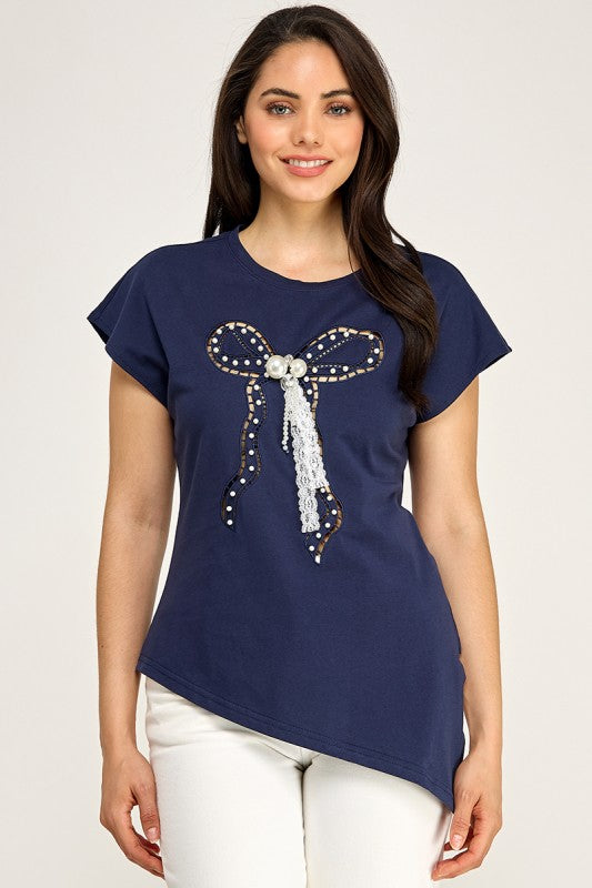 Pre-order June 15 Navy Ribbon Asymmetric Shirt