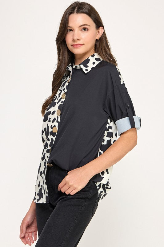 Satin Color Block Animal Print Shirt