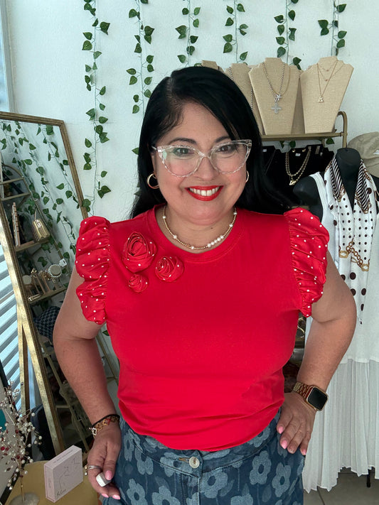 Red Ruffle Sleeve and Flower T-Shirt