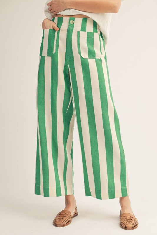Green High Waist Wide Leg Stripe Pants