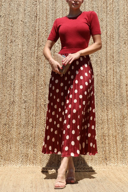Red Sweater Top Satin Midi Dress
