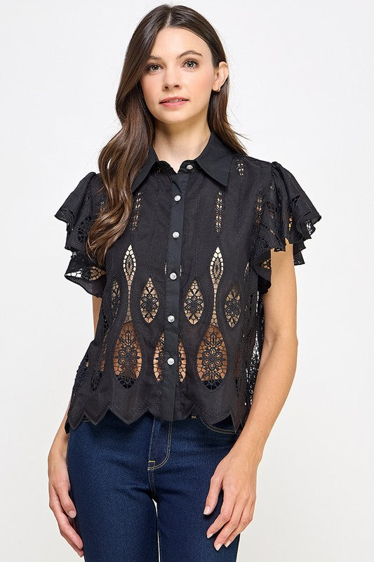 Black Lace Button Down Shirt