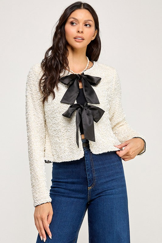 Ivory Sequins Bow Cardigan