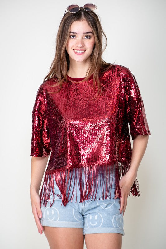 Burgundy Sequin Fringe Top