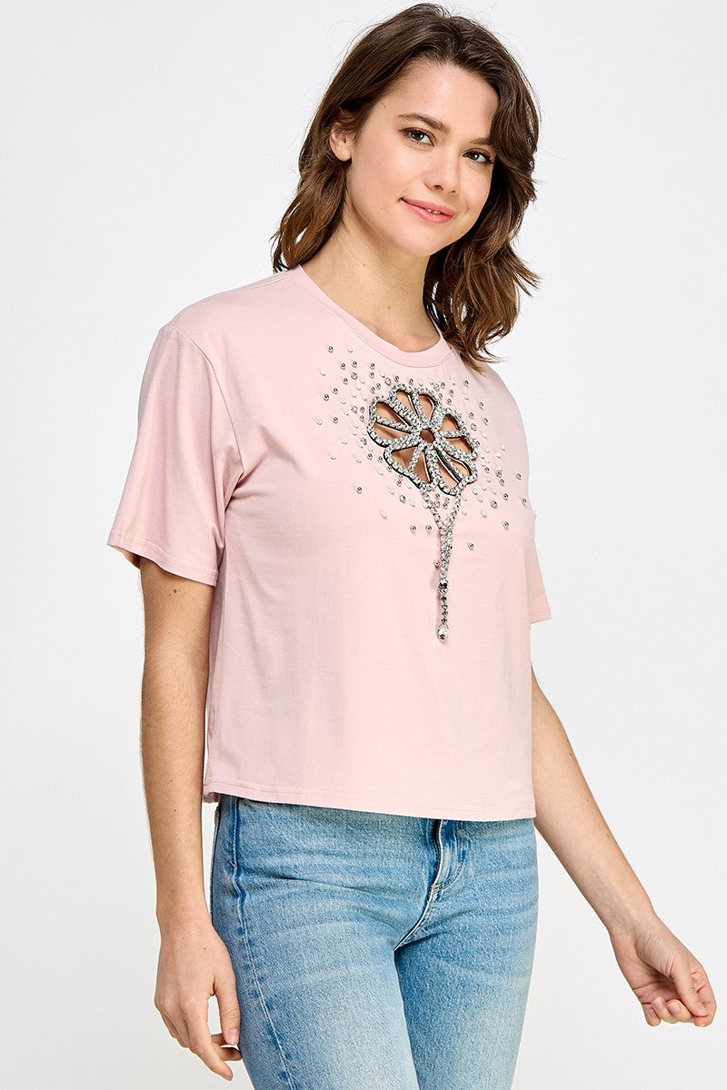 Pink Flower in Rhinestone details T-Shirt