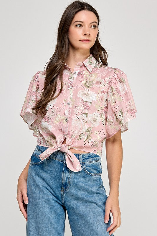 Pink Keyhole Florals Details Shirt