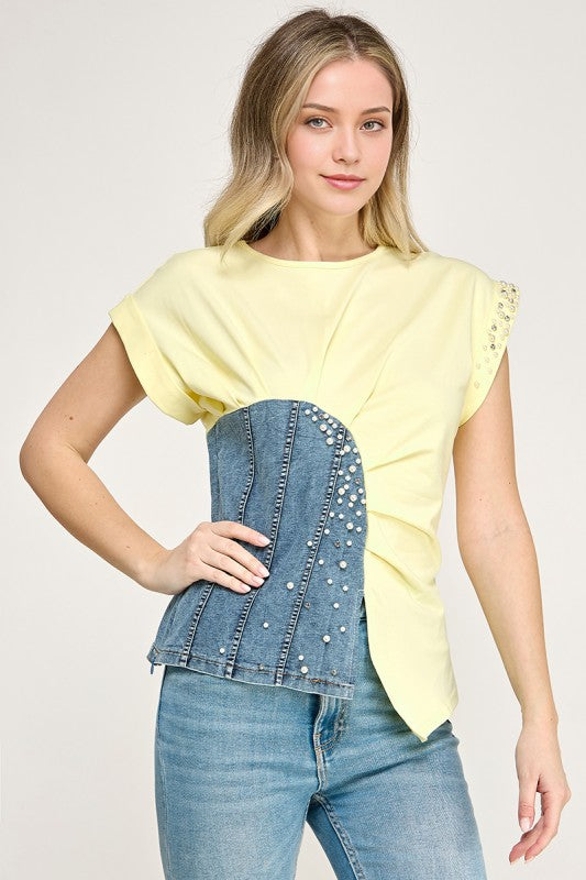 Yellow Color Block Rhinestone T- Shirt