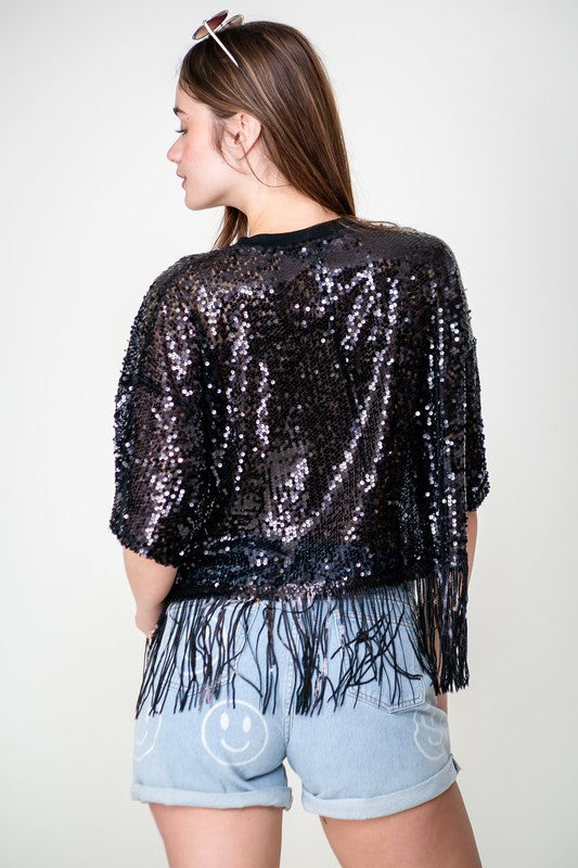Black Sequin Fringe Top