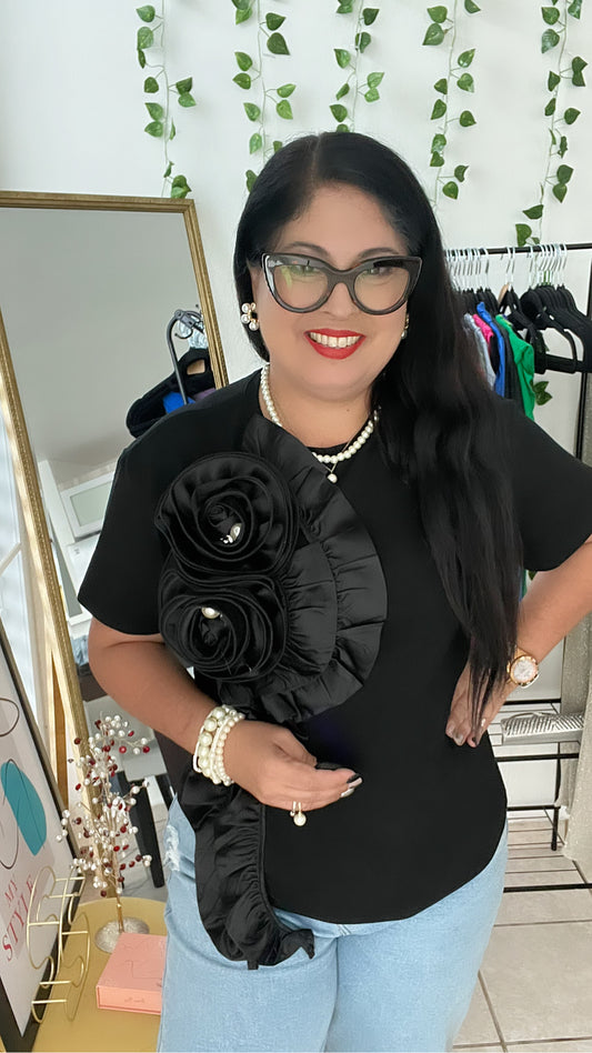 Black Ruffle Detail T Shirt