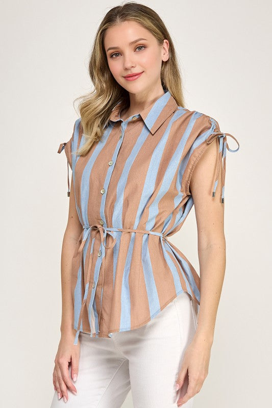 Taupe/Blue Drawstring Stripe Shirt