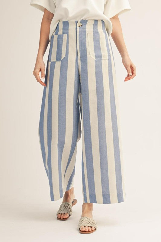 Blue High Waist Wide Leg Stripe Pants