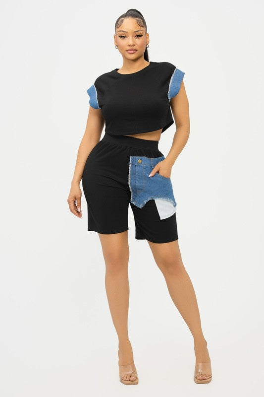 Black Color Block Top & Short Set