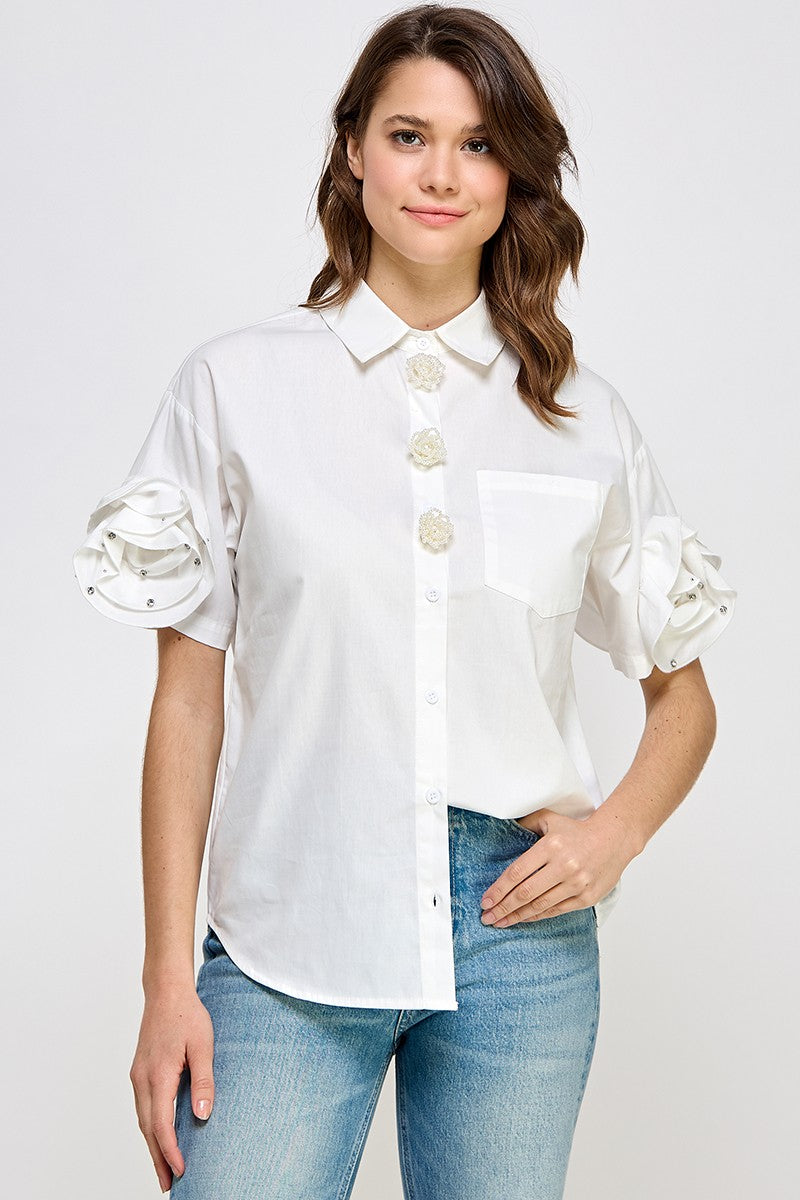 White Floral & Pearls Button Shirt