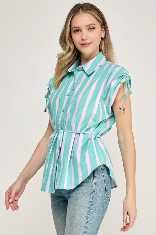 Mint/Pink Drawstring Stripe Shirt