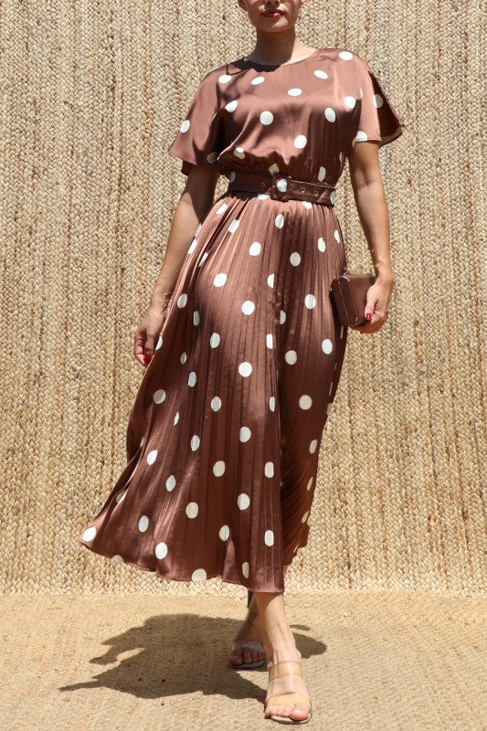 Mocha/Cream Satin Polka Dot Midi Dress