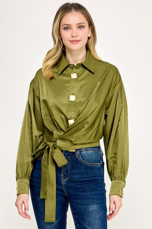 Pre-order Nov 2 Olive Wrap Satin Blouse