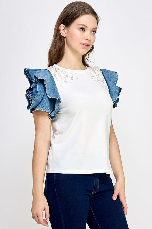 Denim Ruffle T Shirt