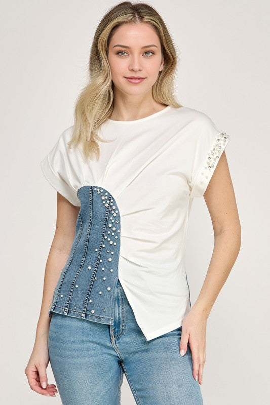White Color Block Rhinestone T- Shirt