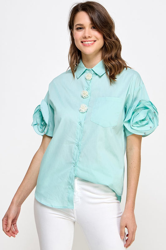 Mint Floral & Pearls Button Shirt