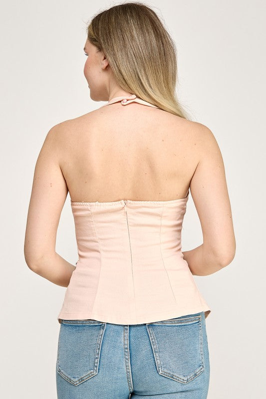 Pink Flower Button Halter Top