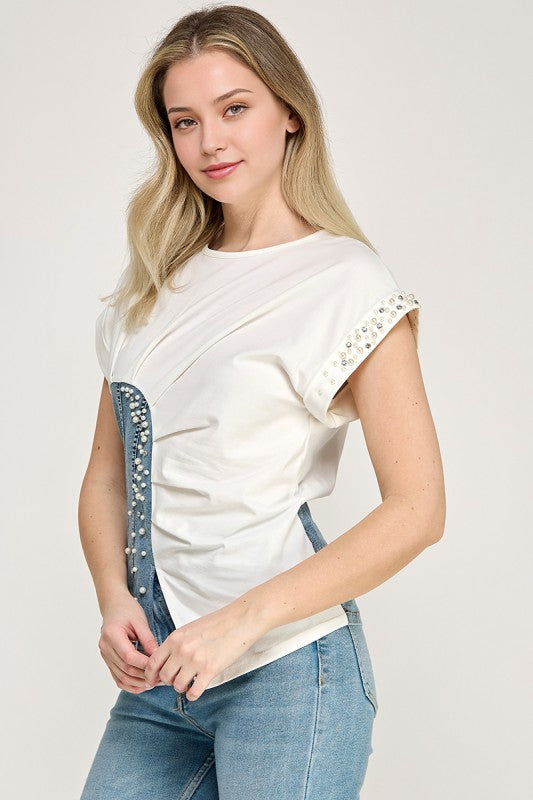 White Color Block Rhinestone T- Shirt