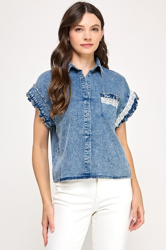 Dark Denim Lace Detail Shirt