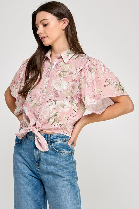 Pink Keyhole Florals Details Shirt