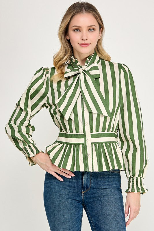 Pre-order Nov 2 Olive Stripe Bow Blouse