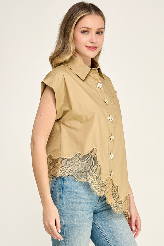 Pre-order June 15 Khaki Lace Asymmetric Shirt