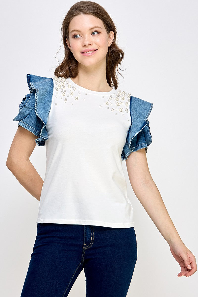 Denim Ruffle T Shirt