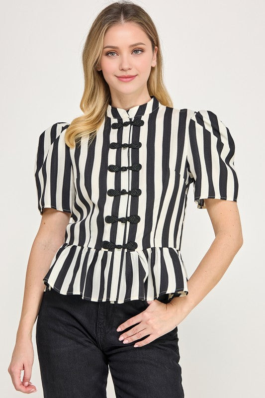 Pre-order Oct 19 Black Puffed Sleeve Mandarin Peplum Shirt