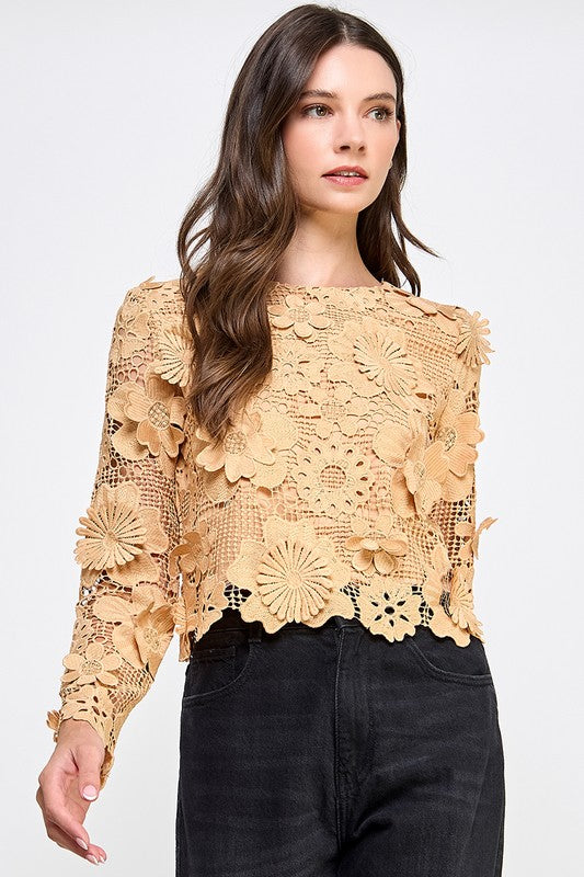 Taupe Floral Crochet with Back Zipper Top