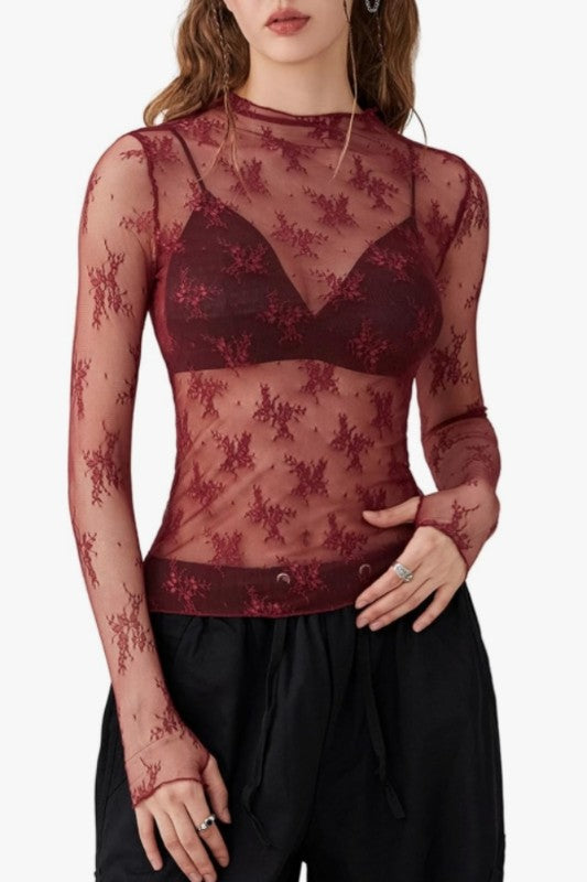 Burgundy Lace Mesh Top