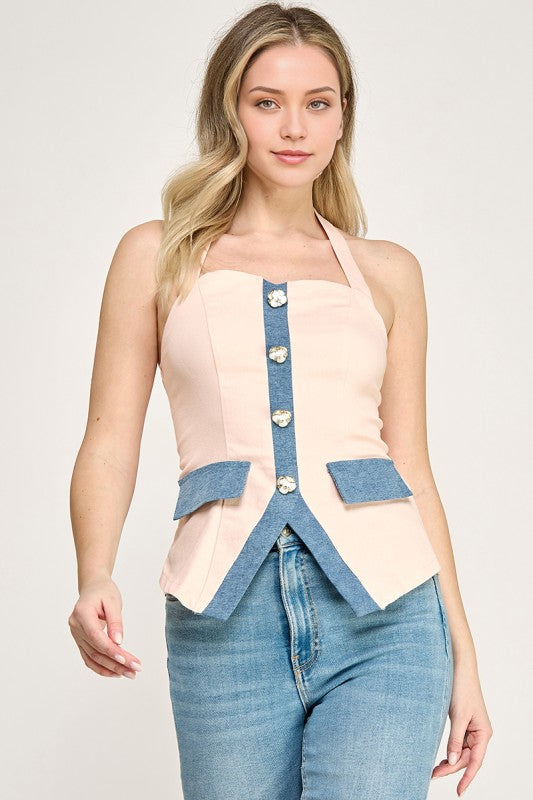 Pink Flower Button Halter Top