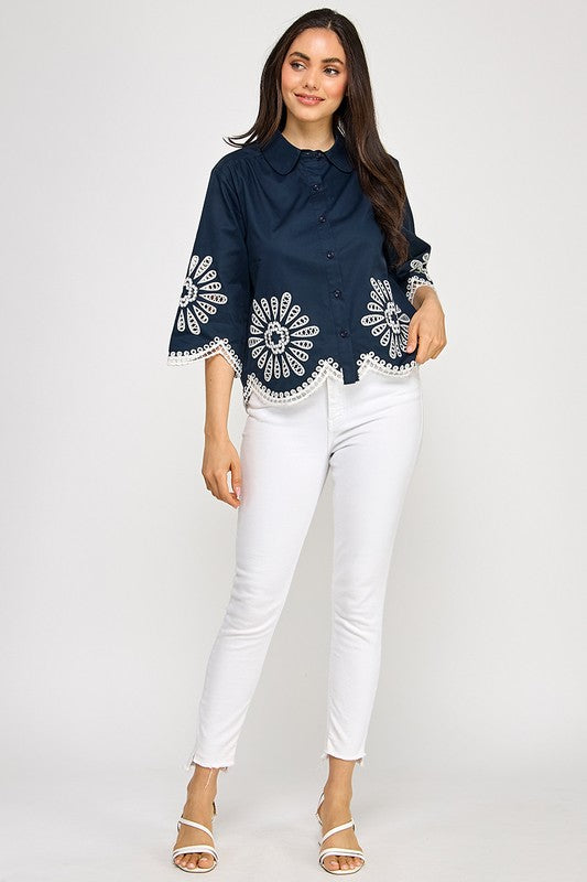 Navy Embroidery Top
