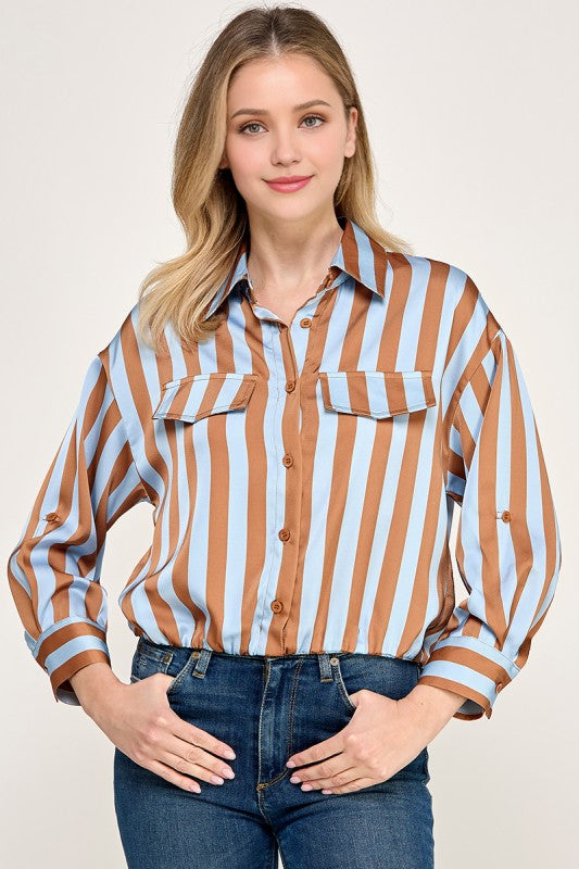 Pre-order Agosto 10 Taupe/Blue Waistband 3Q Sleeve Shirt