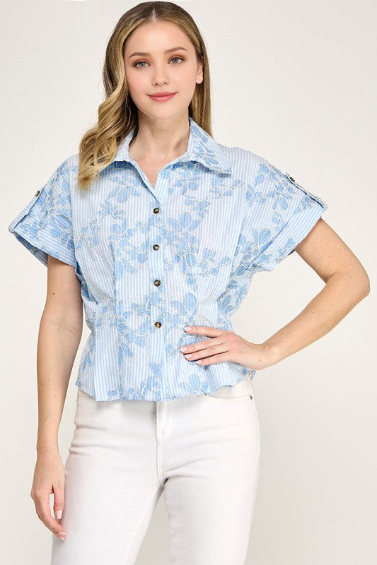 Pre-order June 29 Blue Floral Embroidery Shirt