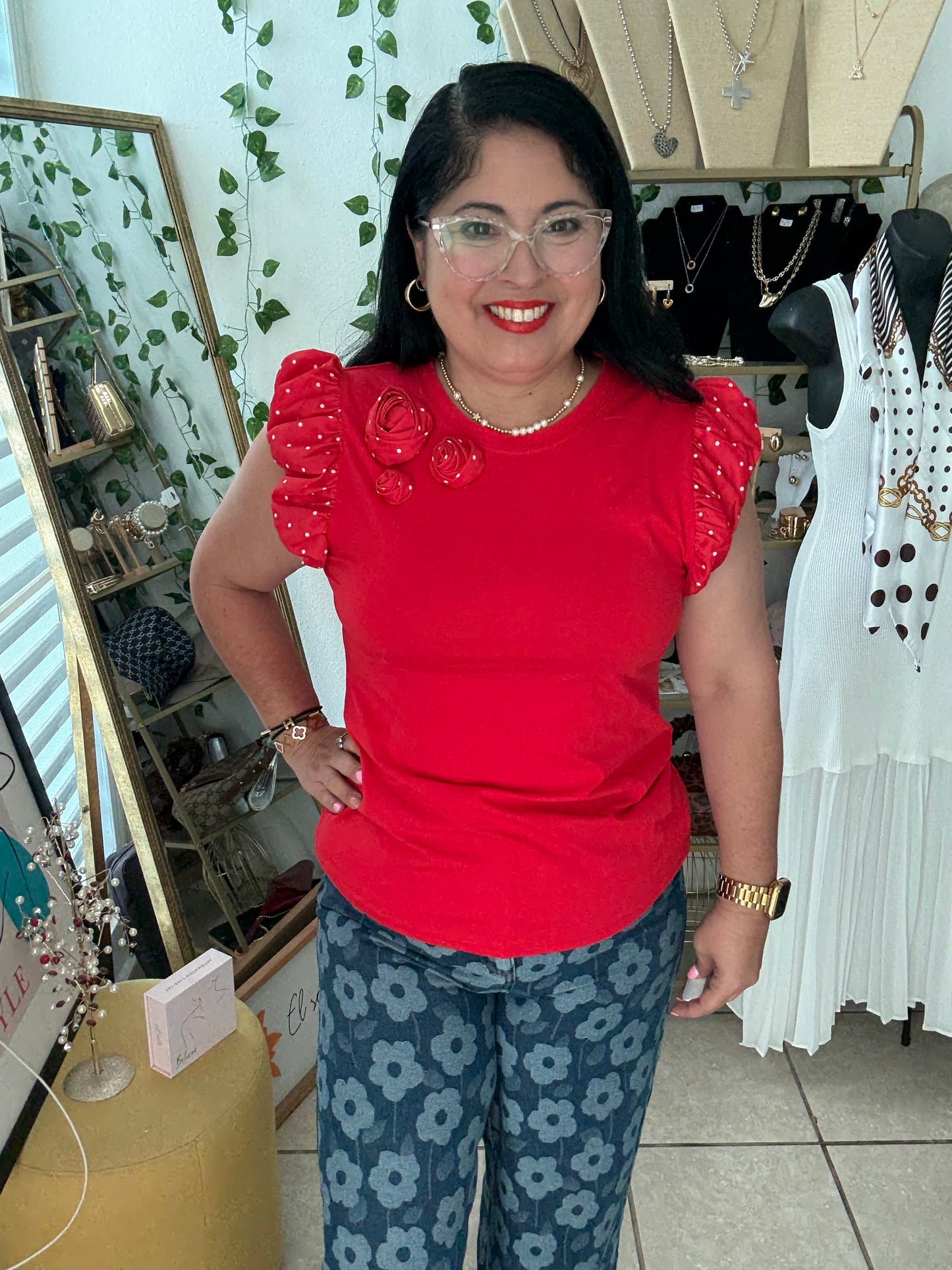 Red Ruffle Sleeve and Flower T-Shirt