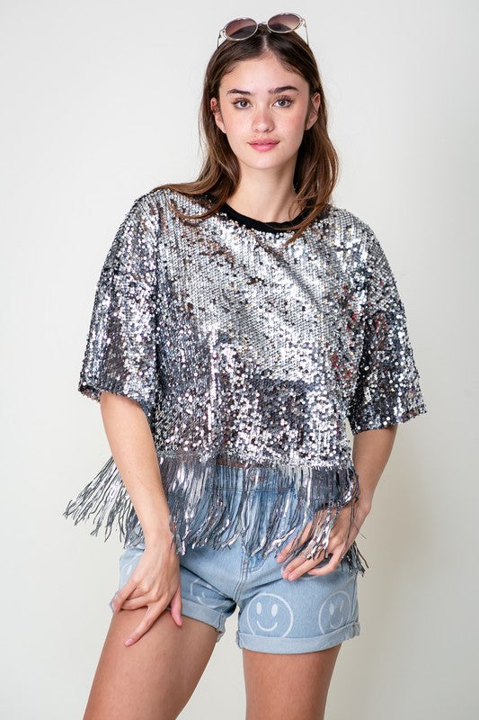 Silver Sequin Fringe Top