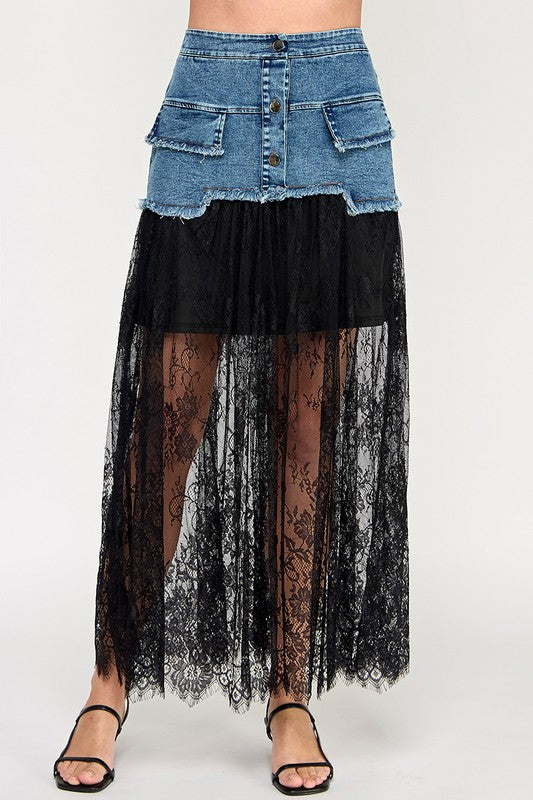 Pre-order mayo 12 Black Lace & Denim Skirt