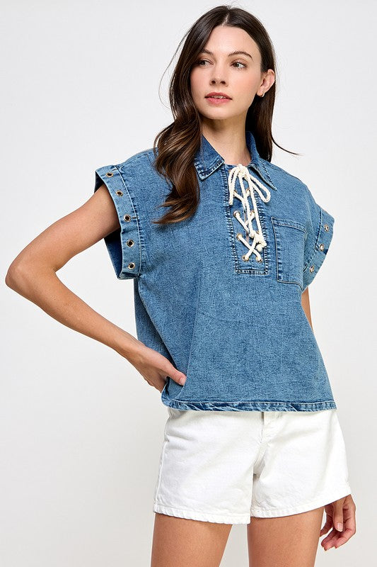 Striping Collar Denim Shirt