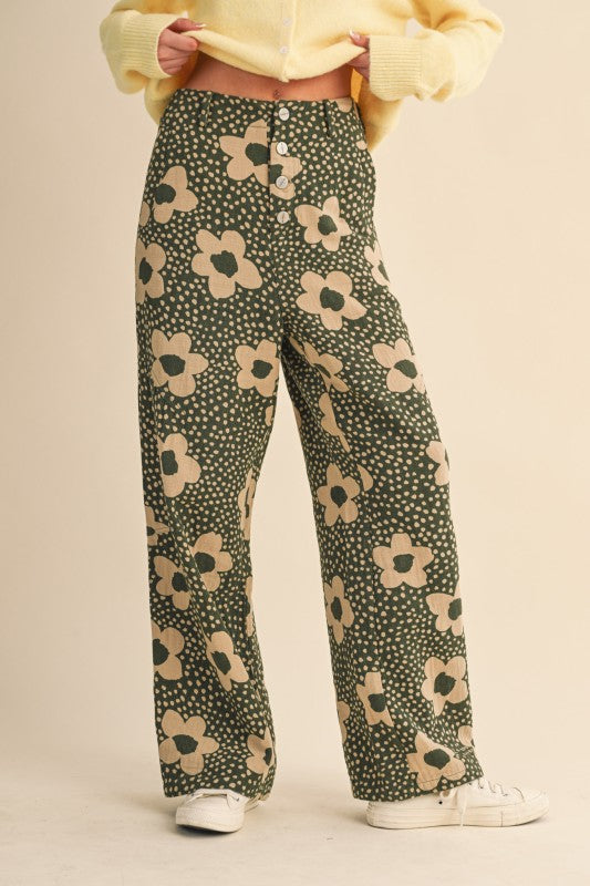 Pre-order Agosto 17 Olive High Waisted Floral Pant