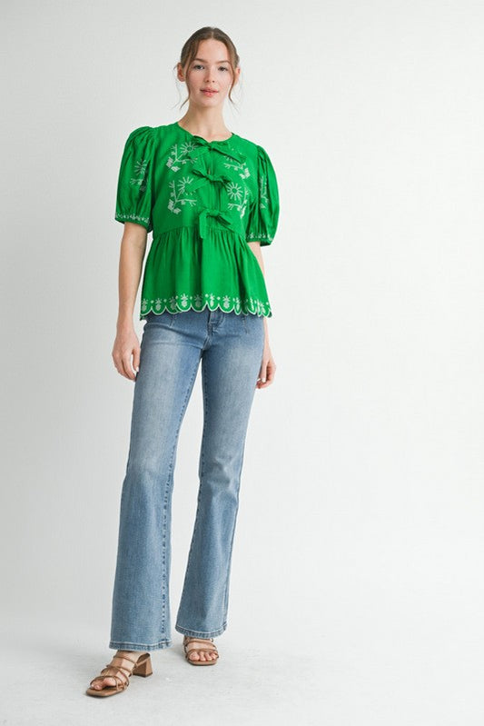 Kelly Green Peplum Embroidery Top