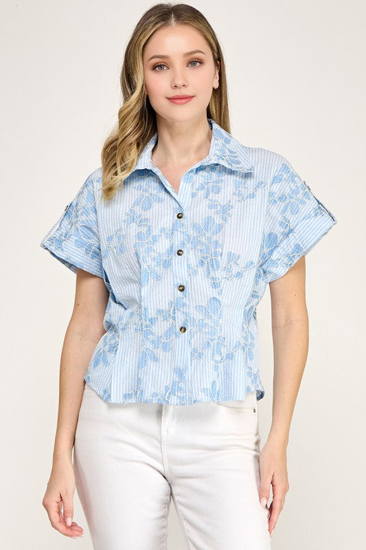 Pre-order June 29 Blue Floral Embroidery Shirt