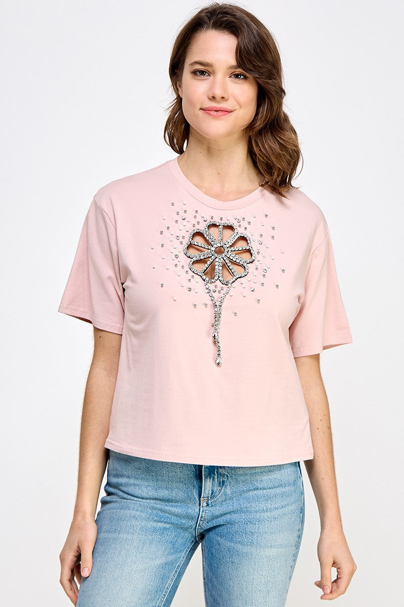 Pink Flower in Rhinestone details T-Shirt