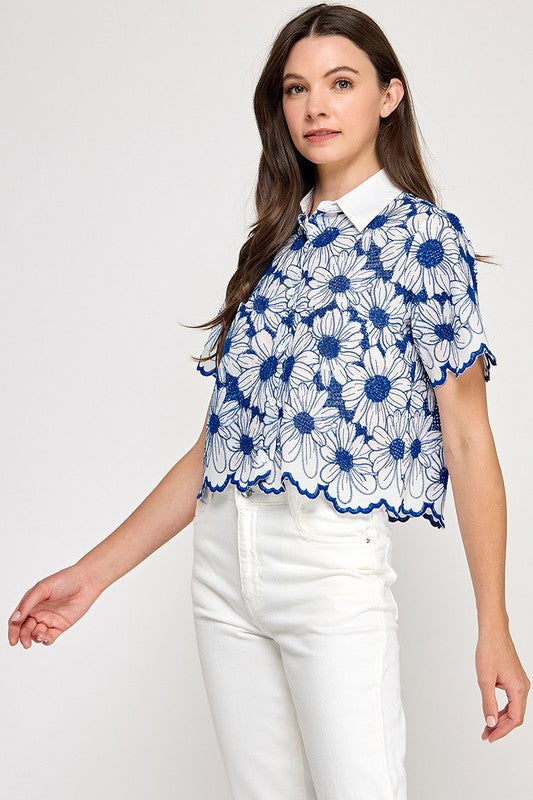 Blue Floral Keyhole Details Shirt