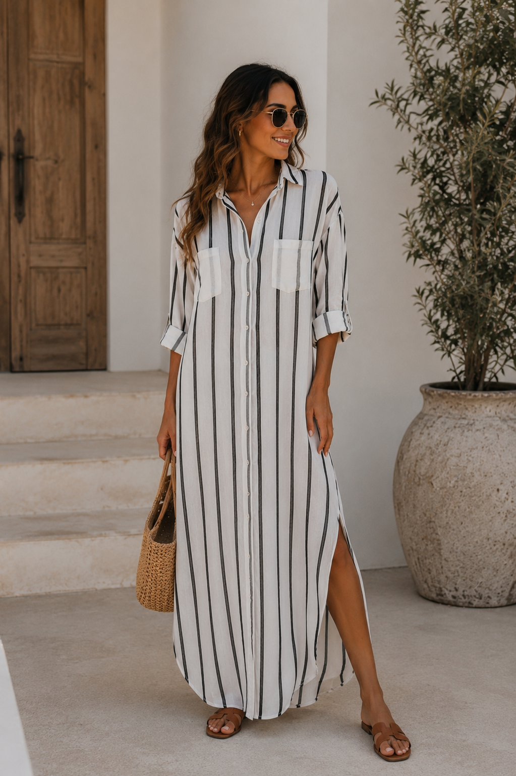 🇮🇹 Ivory/Navy Linen One Size Dress