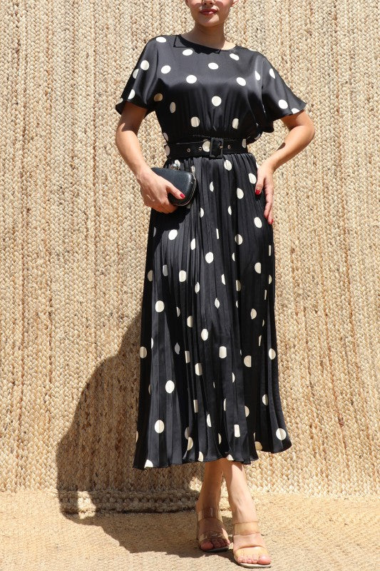Black/Taupe Satin Polka Dot Midi Dress