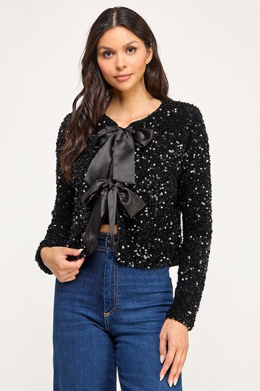 Black Sequins Bow Cardigan