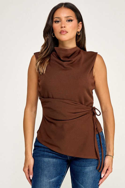 Pre-order July 18 Brown Waist Tie Mock Neck Top